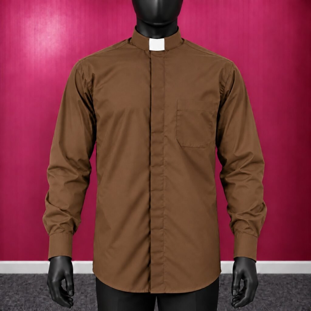 Brown Clerical Shirt for Men | Long Sleeve Priest Wear