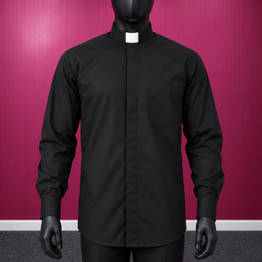 Black Long Sleeve Clergy Shirt with White Roman Collar | Men's Priest Clerical Shirt