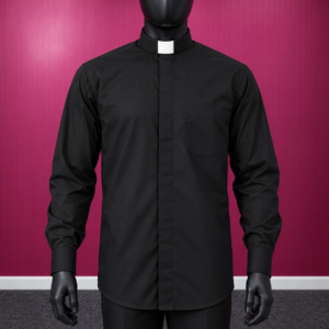 Black Long Sleeve Clergy Shirt with White Roman Collar | Men's Priest Clerical Shirt