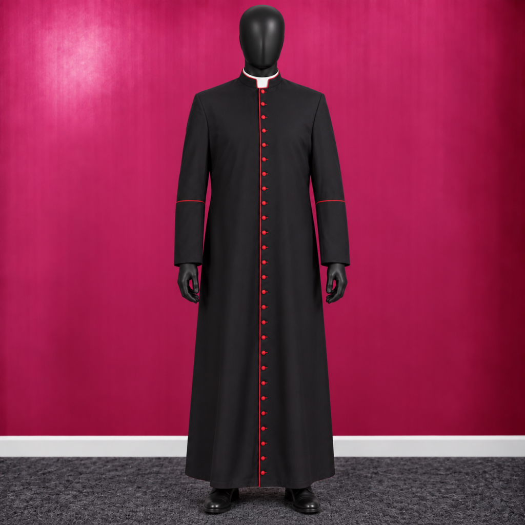 Black Cassock with Red Piping | Roman Clergy Robe