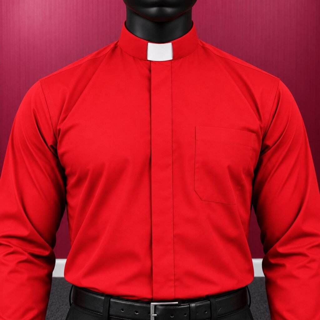 Red Long Sleeve Clergy Shirt with White Tab Collar