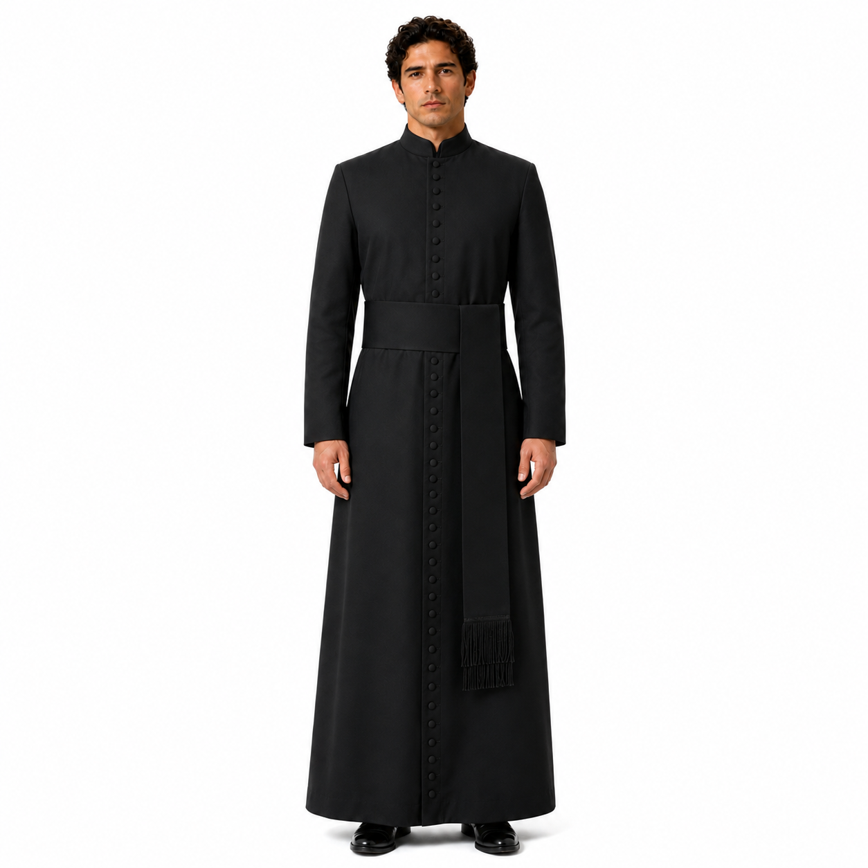 Black Clergy Cassock with Mandarin Collar and 33 Buttons