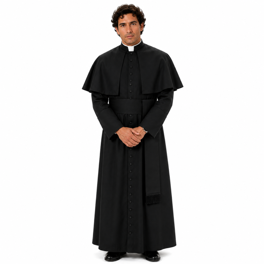 Black Priest Cassock with Shoulder Cape and Fascia Sash