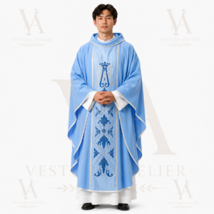Blue Marian Chasuble with Crowned Monogram Embroidery