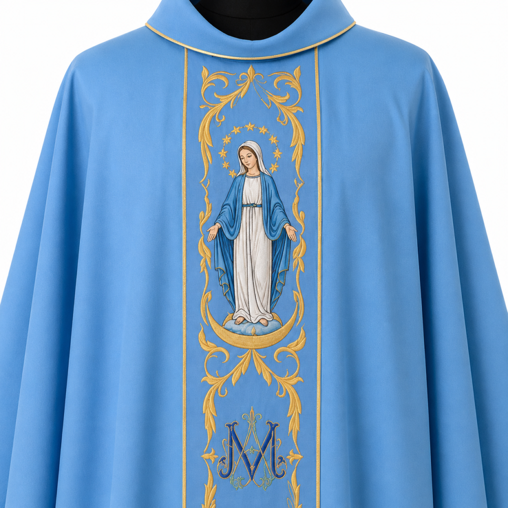 Blue Marian Chasuble with Embroidered Virgin Mary