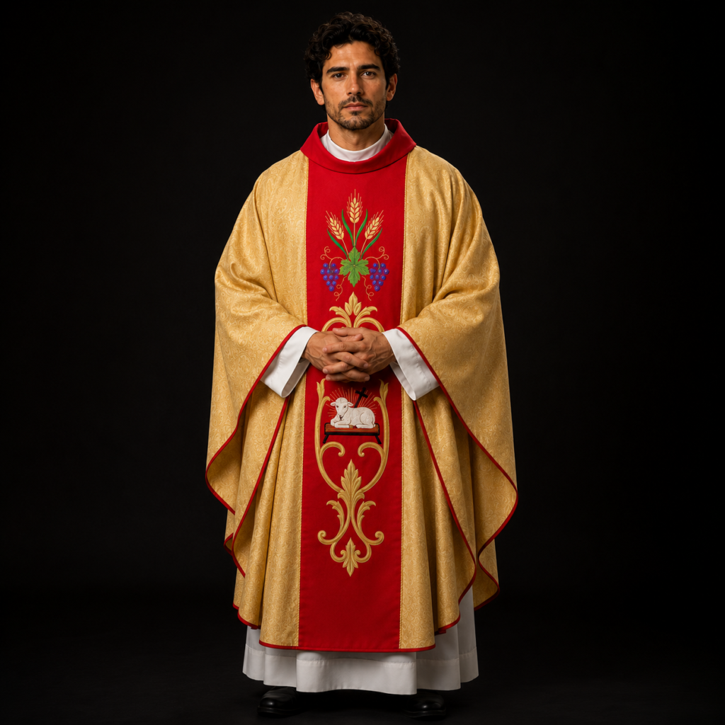 Gold Chasuble with Lamb of God Embroidery and Red Orphrey