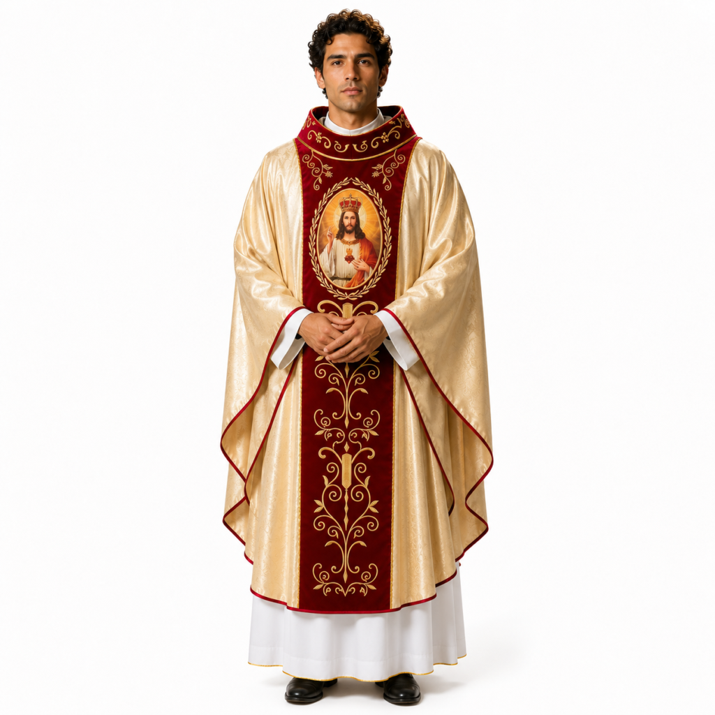 Gold Sacred Heart of Jesus Chasuble with Burgundy Orphrey