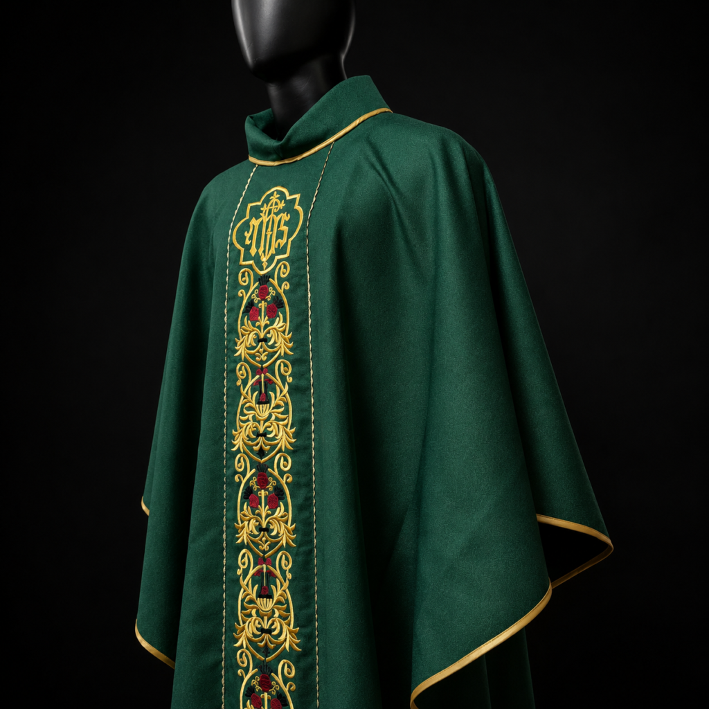 Green Chasuble with Ornate Gold IHS Embroidery