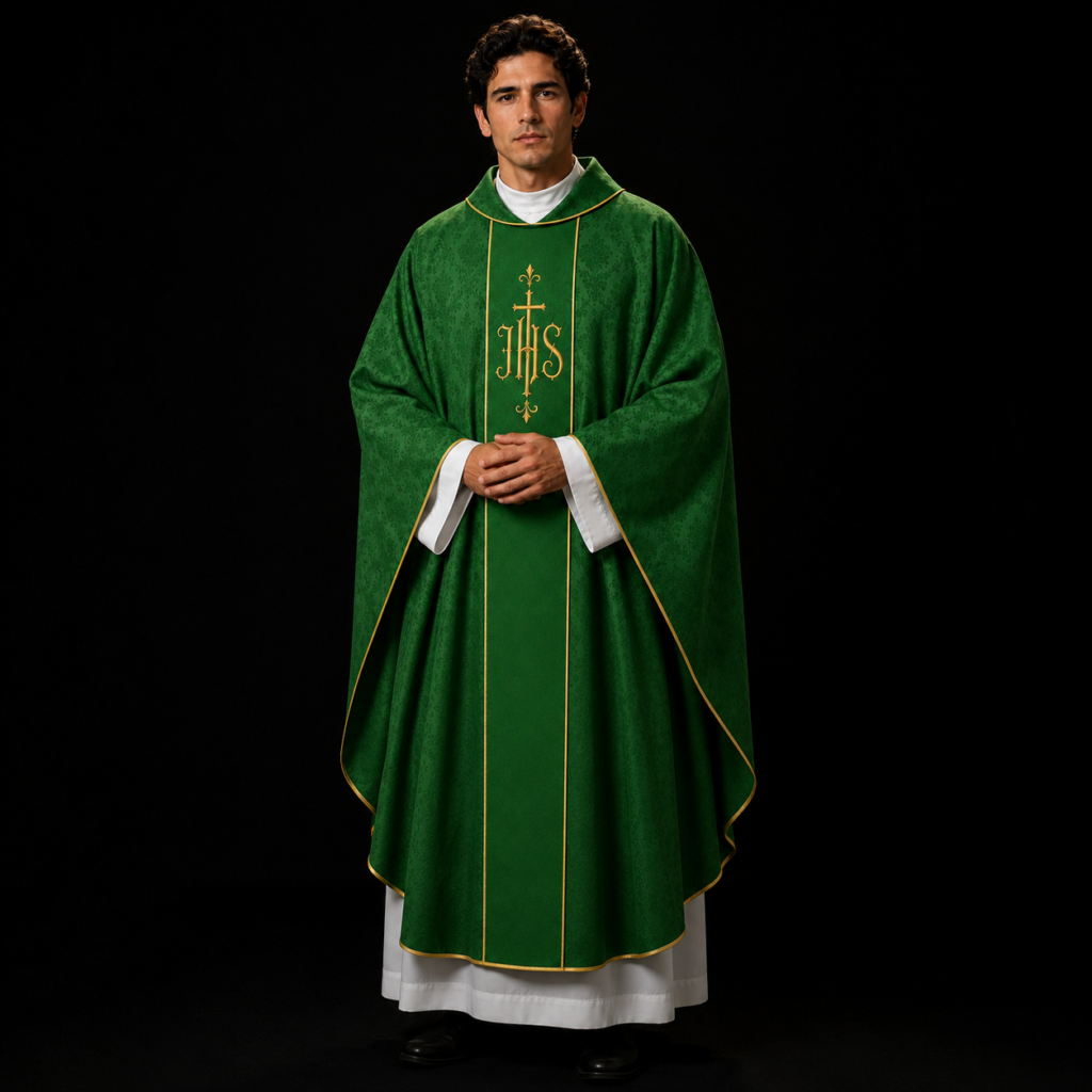 Green Gothic Chasuble with Gold IHS Cross Embroidery
