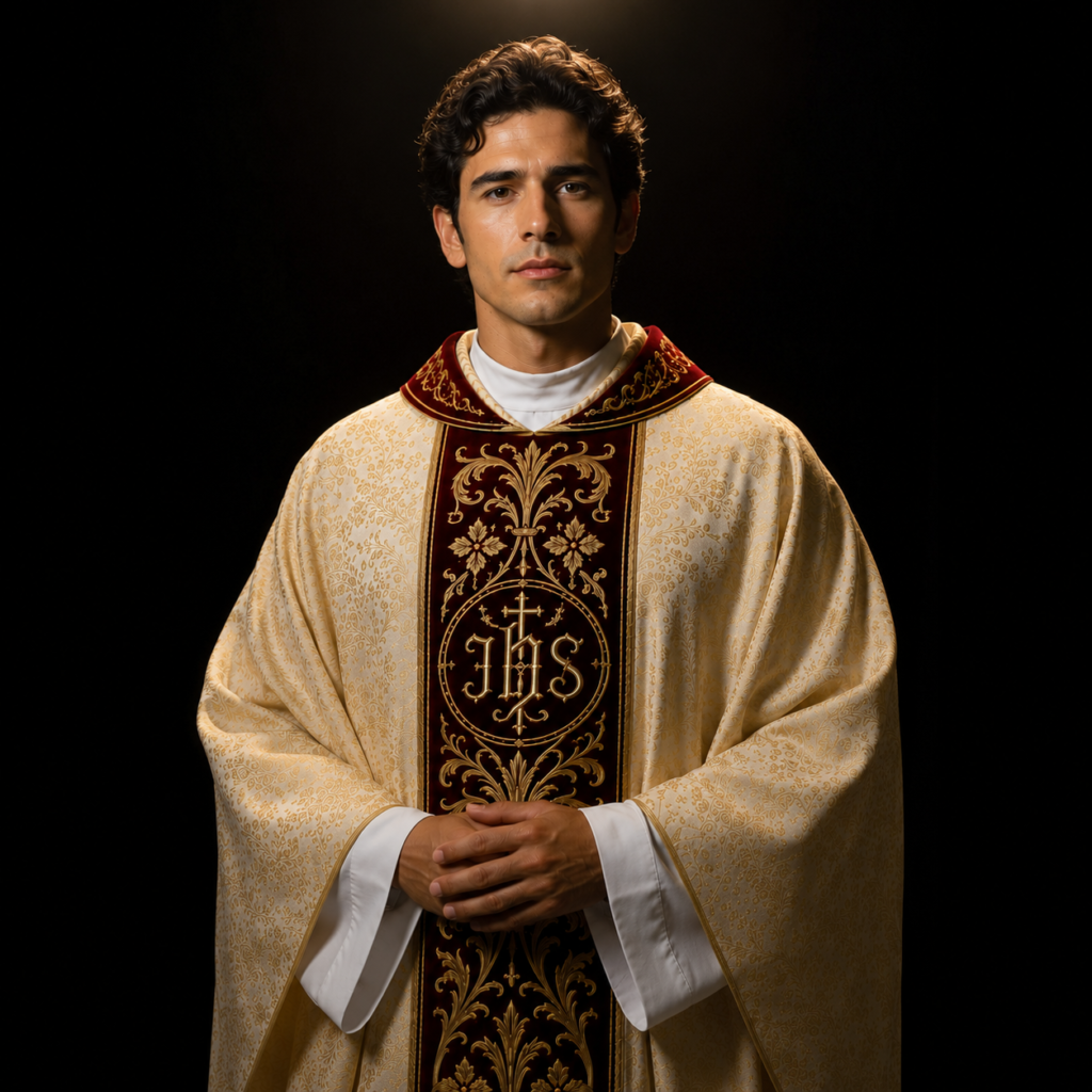 Ivory Gold Gothic Chasuble with Burgundy IHS Orphrey