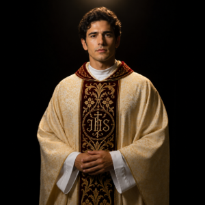 Ivory Gold Gothic Chasuble with Burgundy IHS Orphrey