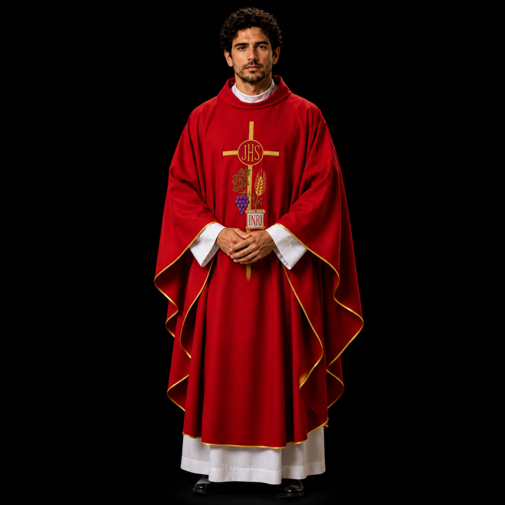 Red IHS Chasuble with INRI Embroidery