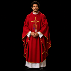 Red IHS Chasuble with INRI Embroidery