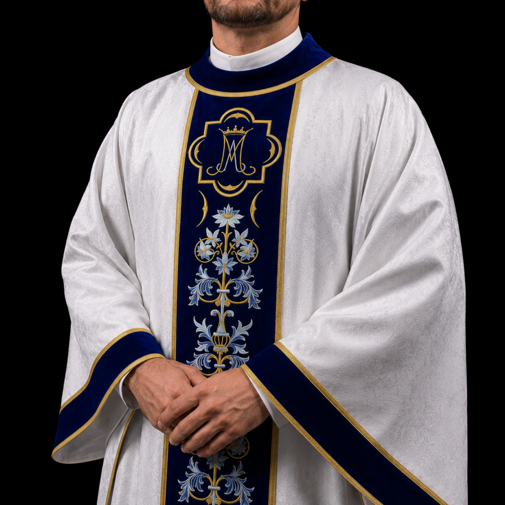 White and Royal Blue Marian Dalmatic with Gold Embroidery
