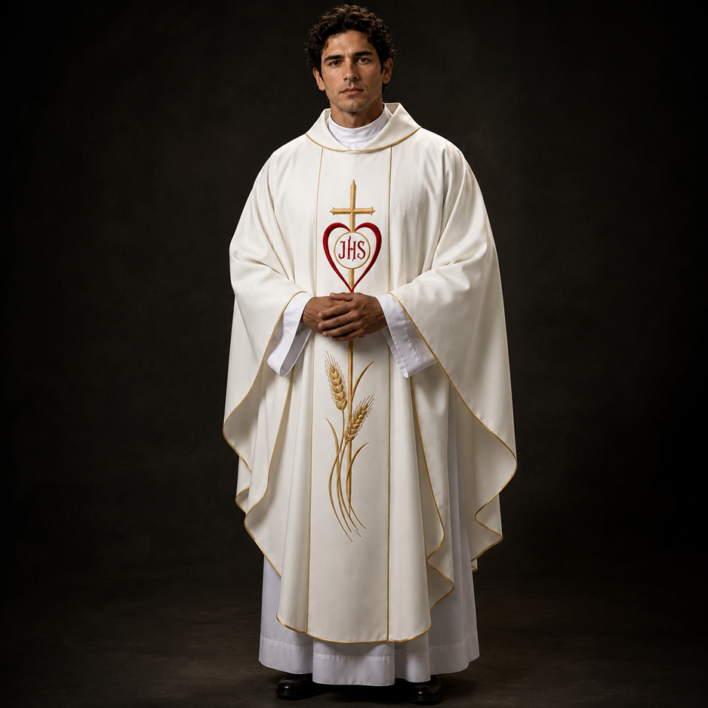 White Gothic Chasuble with Sacred Heart and JHS Embroidery