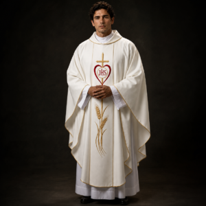 White Gothic Chasuble with Sacred Heart and JHS Embroidery