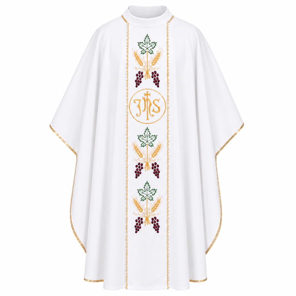 White IHS Chasuble with Grapes and Wheat Embroidery