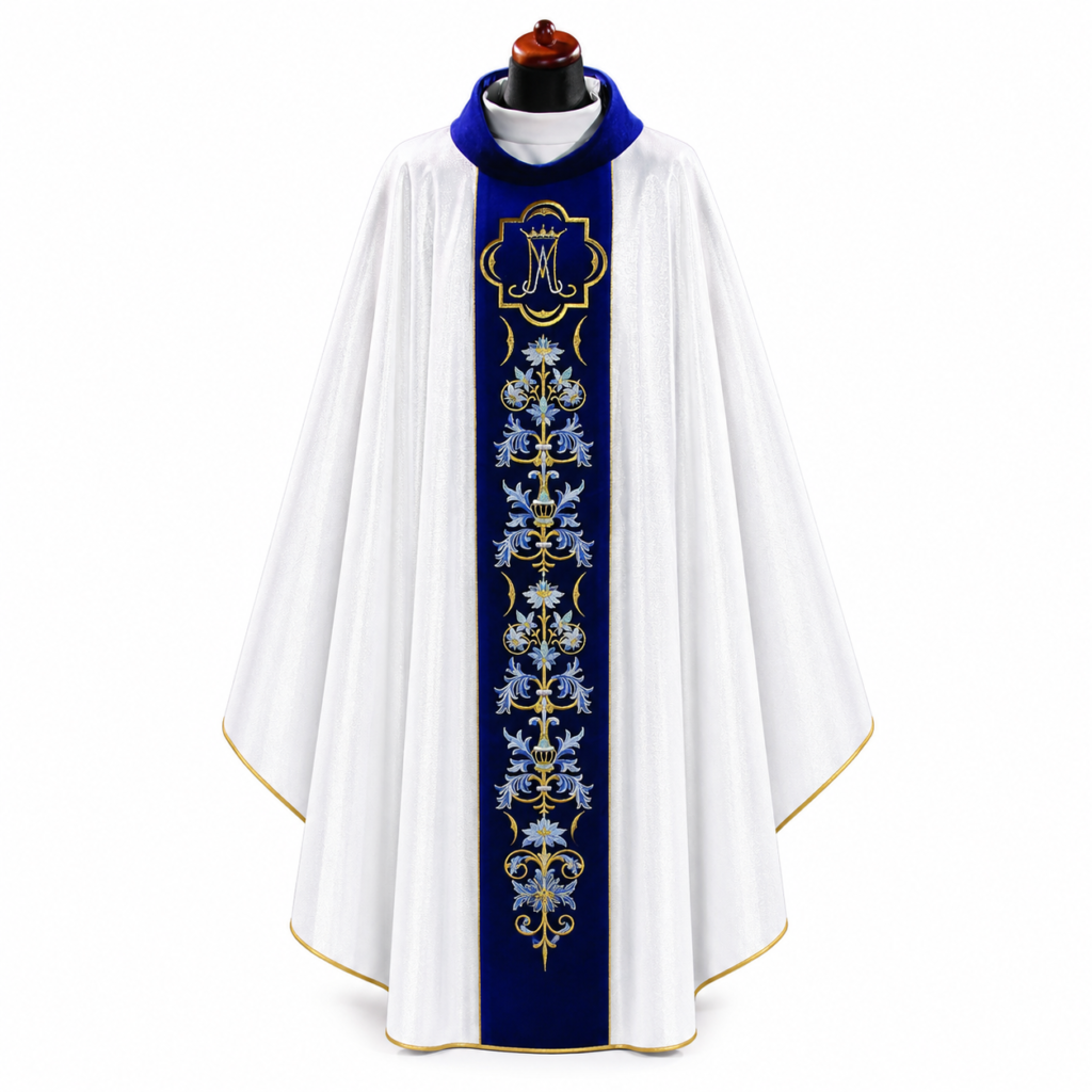 White Marian Chasuble with Blue Orphrey and Gold Embroidery