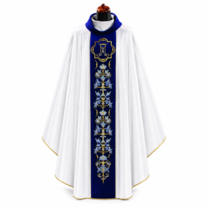 White Marian Chasuble with Blue Orphrey and Gold Embroidery