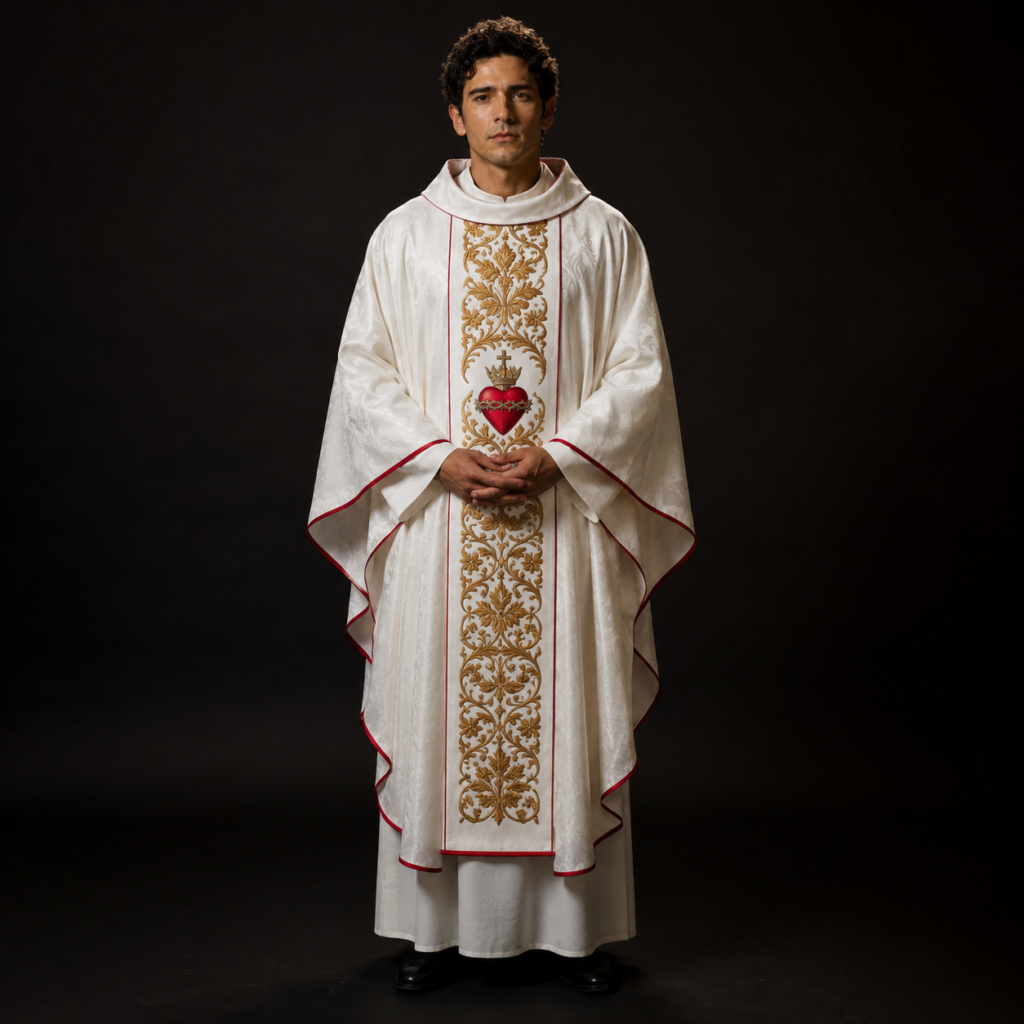 White Sacred Heart Chasuble with Gold Embroidery and Red Trim