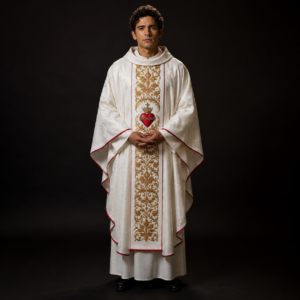 White Sacred Heart Chasuble with Gold Embroidery and Red Trim